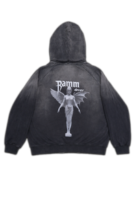 Vintage washed black streetwear hoodie with angel figure back graphic and minimalist logo design on a clean studio background.