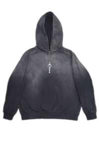 Vintage washed black streetwear hoodie with minimal chest graphic featuring small angel figure design on a clean studio background.