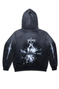 Vintage washed black music streetwear hoodie with RAMM4EVER logo, electric guitar graphic and lightning sleeve prints shown from the back.
