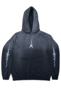 Vintage washed black music streetwear hoodie with minimal electric guitar chest logo and lightning sleeve graphics shown from the front.
