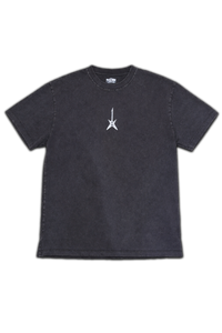 Iron Stage t-shirt in washed black streetwear style with a minimal front print, shown in a clean product view.