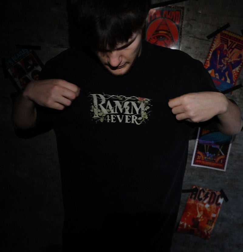 RAMM4EVER t-shirt in graphic streetwear style with a bold front print, worn in a studio setting.