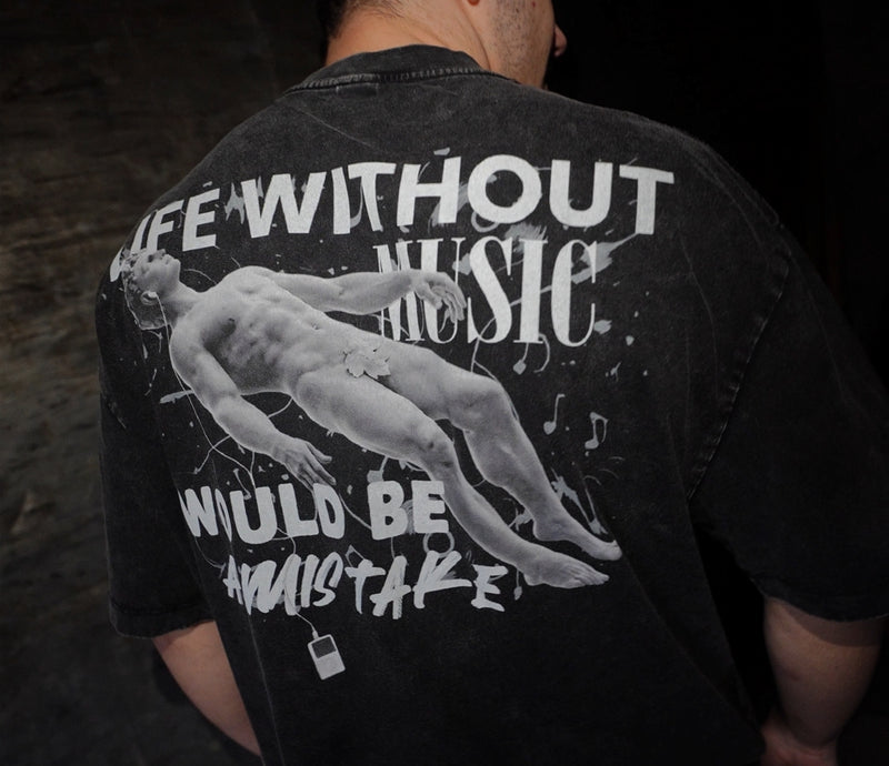 Vintage washed black streetwear t-shirt with life without music would be a mistake back graphic and artistic figure print.